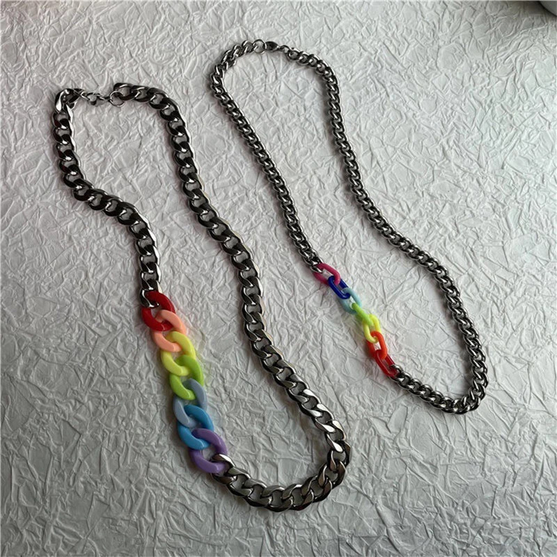 

Fashion Punk Acrylic Titanium Steel Splicing Rainbow Necklace Men and Women Couple Charm Clavicle Chain Popular Accessories