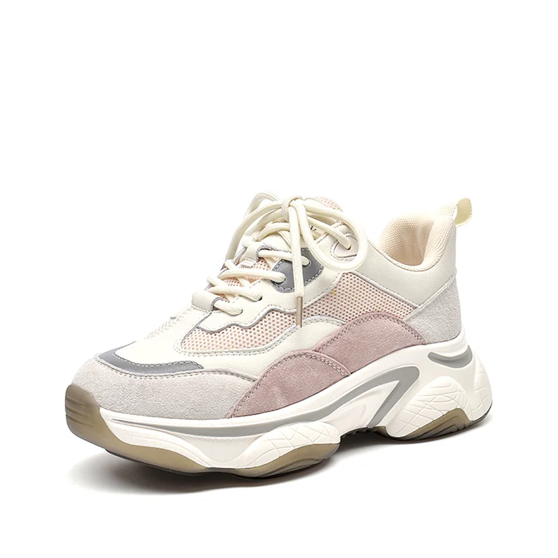 

Chunky Sneakers Women Nylon Mesh Leather Mixed Colors Lace-Up Closure Platform Comfy Lady Casual Shoes Handmade 29352
