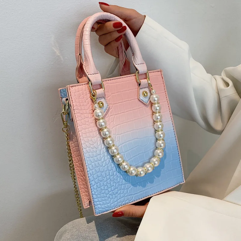 

High Quality Stone Texture Gradient Color Ladies Handbag 2021 New Pearl Bag Fashion Trendy Chain Messenger Small Square Bag