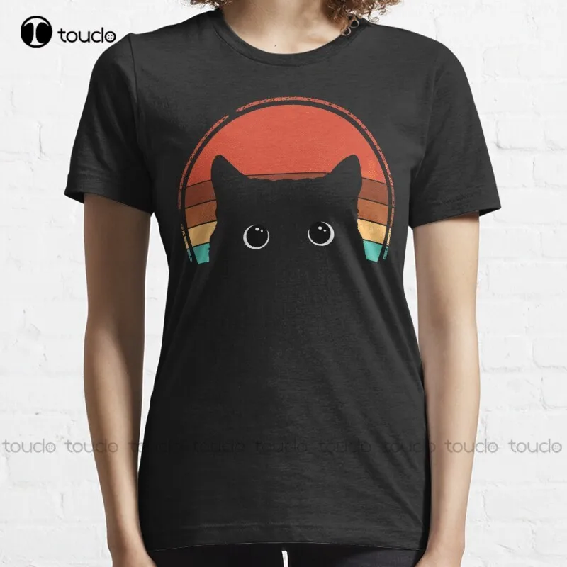 

Новинка, винтажная хлопковая футболка черного цвета с изображением кота и заката, женская футболка, рубашки для боулинга для мужчин, индиви...