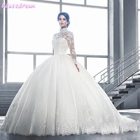 full sleeves lace wedding dress 2020 high neck vintage bridal dresses ball gown hot sale illusion buttons vestido de novia