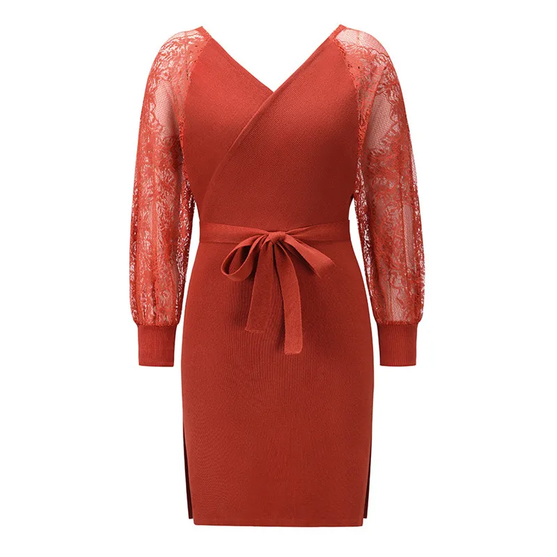 

WJFZQM Women Mini Sweater Dress Wrap Lace Patchwork V-Neck Belt Knitted Dress Hollow Out Casual Autumn Winter Office Sexy Dress