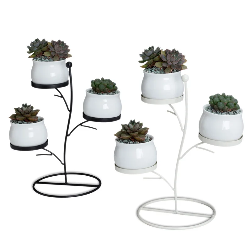 Nordic Creative Iron Frame White Black Succulent Plants Ceramics Flower Pot Suit Combination Indoor Desktop Vase Decoration Home | Дом и сад