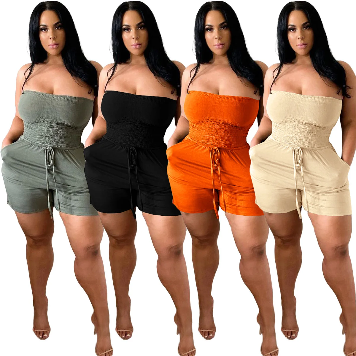 

Cutubly Solid Rompers And Jumpsuits Women Pleated Strapless Short Jumpsuits Backless Sleeveless Lace Up Pockets Tight Jumpsuits