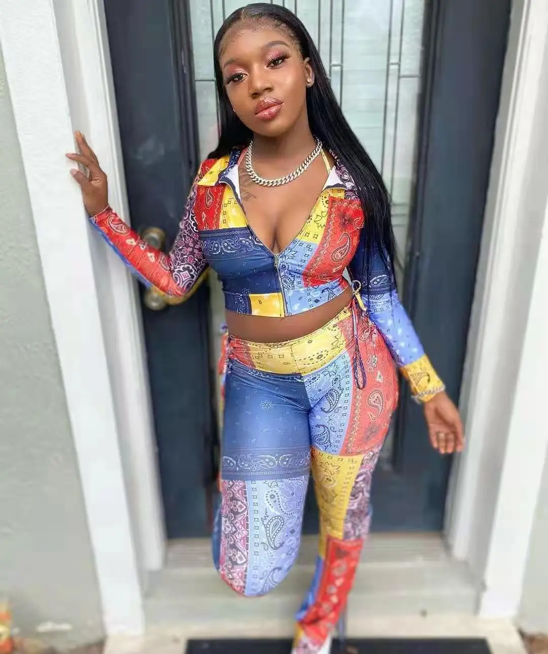 

Women's Fall 2021 Print Lapel Long Sleeve Set 36226