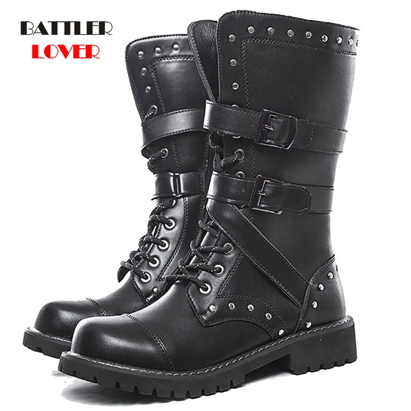 

Men's Rivet Motorcycle Boots Mid-calf Military Combat Botas for Male Gothic Belt Punk Boot Hombre Tactical Army Biker Footwear