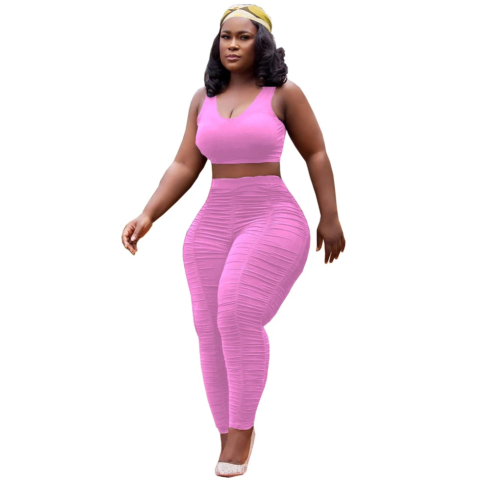 

Sexy Fitness 2 Piece Matching Set Women's Summer Suit V Neck Sleeveless Tank Top and Pleated Skinny Sweatpant Lounge Wear Outfit