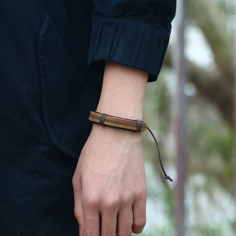 Мужской кожаный плетеный браслет ручной работы винтажные регулируемые браслеты