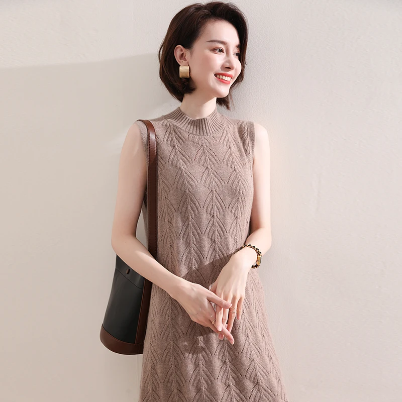 

Женское трикотажное платье, Длинные джемперы из козы и кашемира с круглым вырезом, 4 цвета