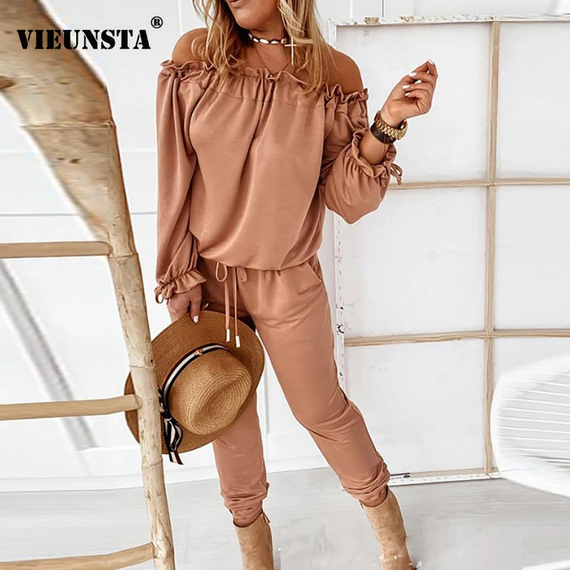 

Summer Off Shoulder Ruffle Jumpsuit Women Elastic Waist Drawstring Long Pants Playsuit Spring Long Sleeve Solid Romper Overalls