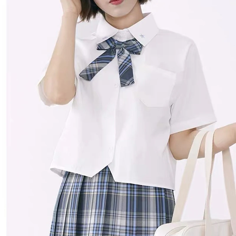 

[Star and Heart] Women Summer Slim V Neck Short Shirt Embroidery Tops JK School Uniform Blouses School Student Clothes