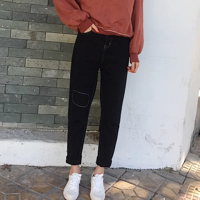 

Jeans Women Black Denim Ankle-length Patchwork Pockets High Waist BF Harajuku Ulzzang All-match Loose Simple Student Womens Chic