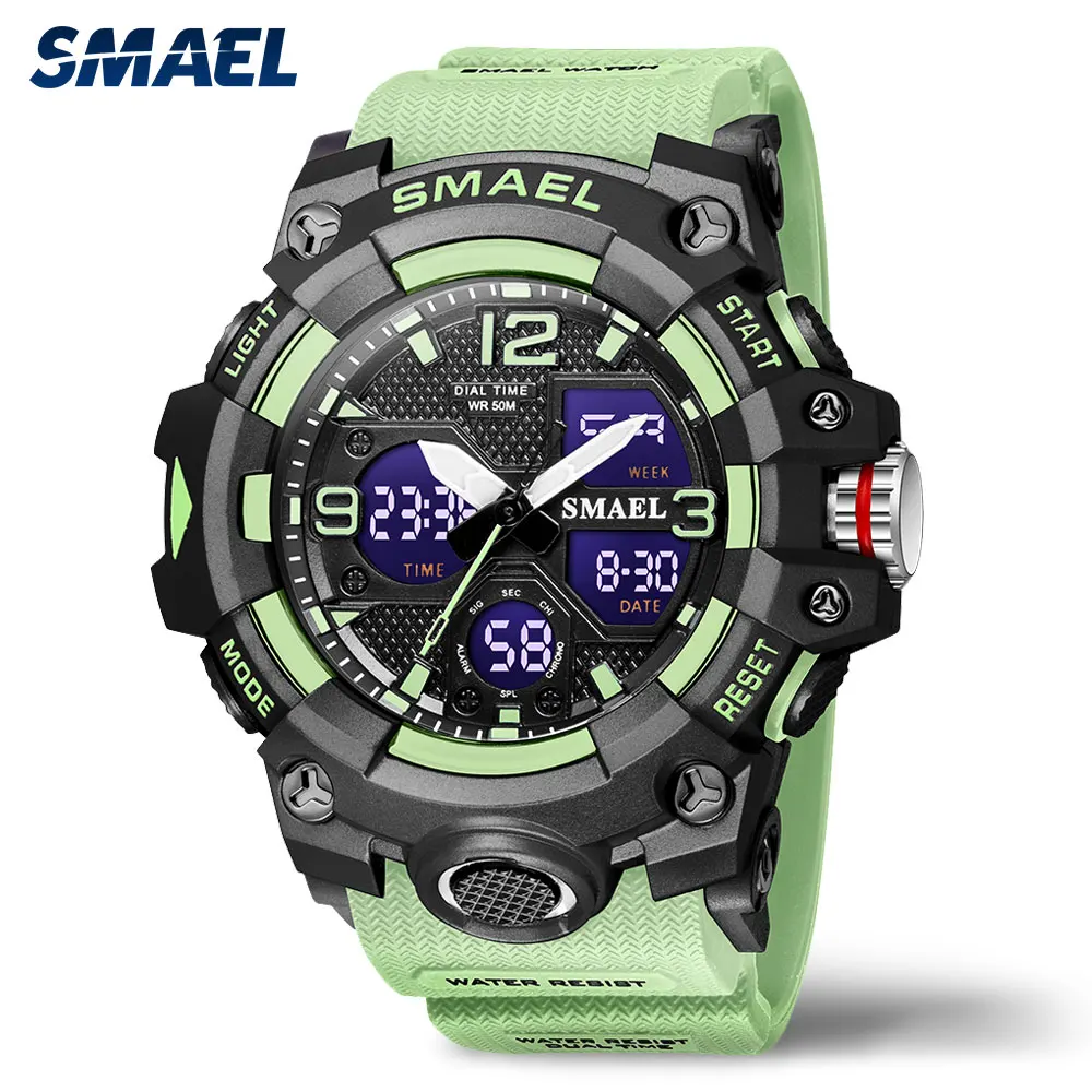 

Зеленые спортивные цифровые часы SMAEL, мужские светящиеся водонепроницаемые кварцевые часы с двойным временем, электронные наручные часы, ч...