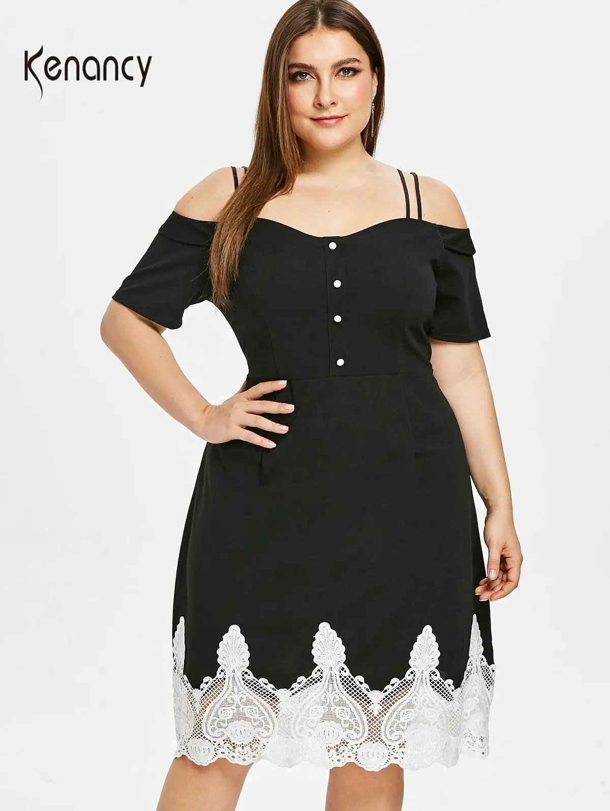 Женское платье с открытыми плечами Kenancy расклешенное на бретельках пуговицах