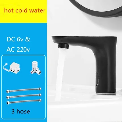 DC6V AC220 HOT Черный Автоматический сенсорный кран на бортике для ванной комнаты, Бесконтактный инфракрасный кран, краны с датчиком горячей и холодной воды - Цвет: DC6V AC220 HOT