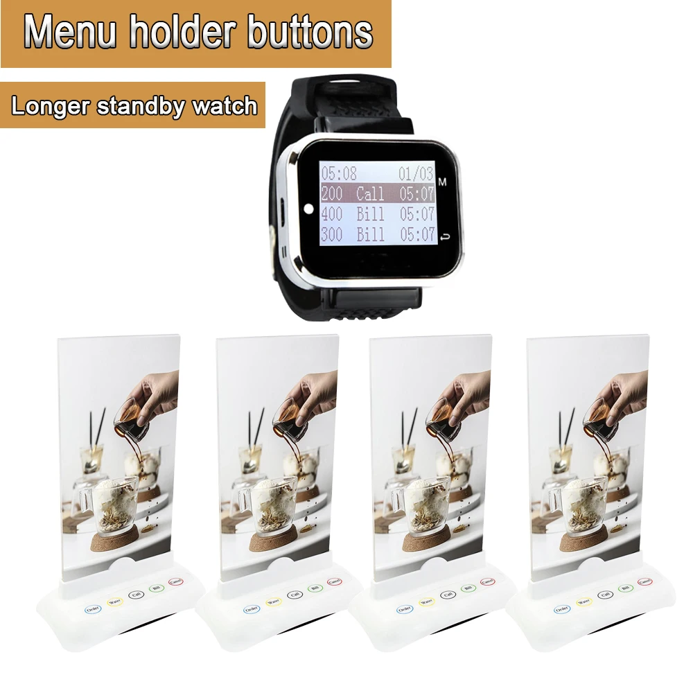 Long Distance Waiter Call System Menu Holder Five Keys Colourful Pagers Wrist Watch Receiver For Restaurant Ordering Service