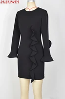customized luxury design high quality made to measure ruffle decorated long sleeve black cocktail dress