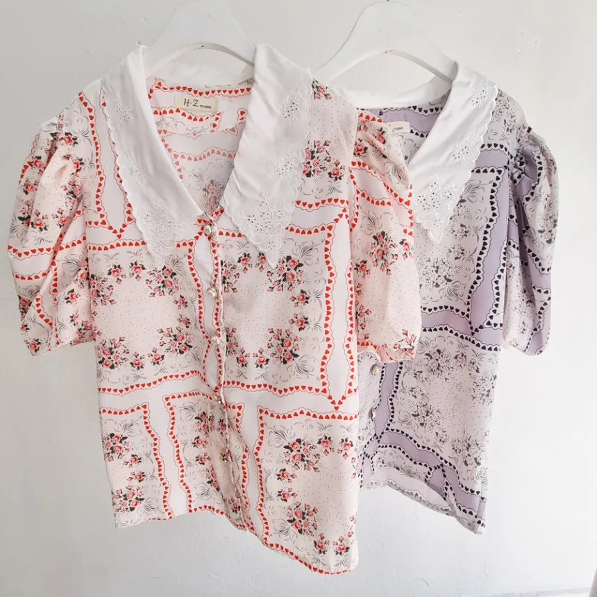 

2021 Korean Temperament Sweet Doll Collar Chiffon Print Women Blouses Fashion Puff Sleeve Office Chic Blusas