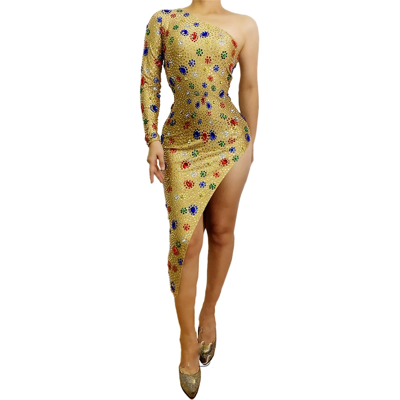 

Colorful Stone Gold Dress Single Sleeve Prom Dress Birthday Outfits For Women Nightclub Party Celebrate Dance Costume VDB3304