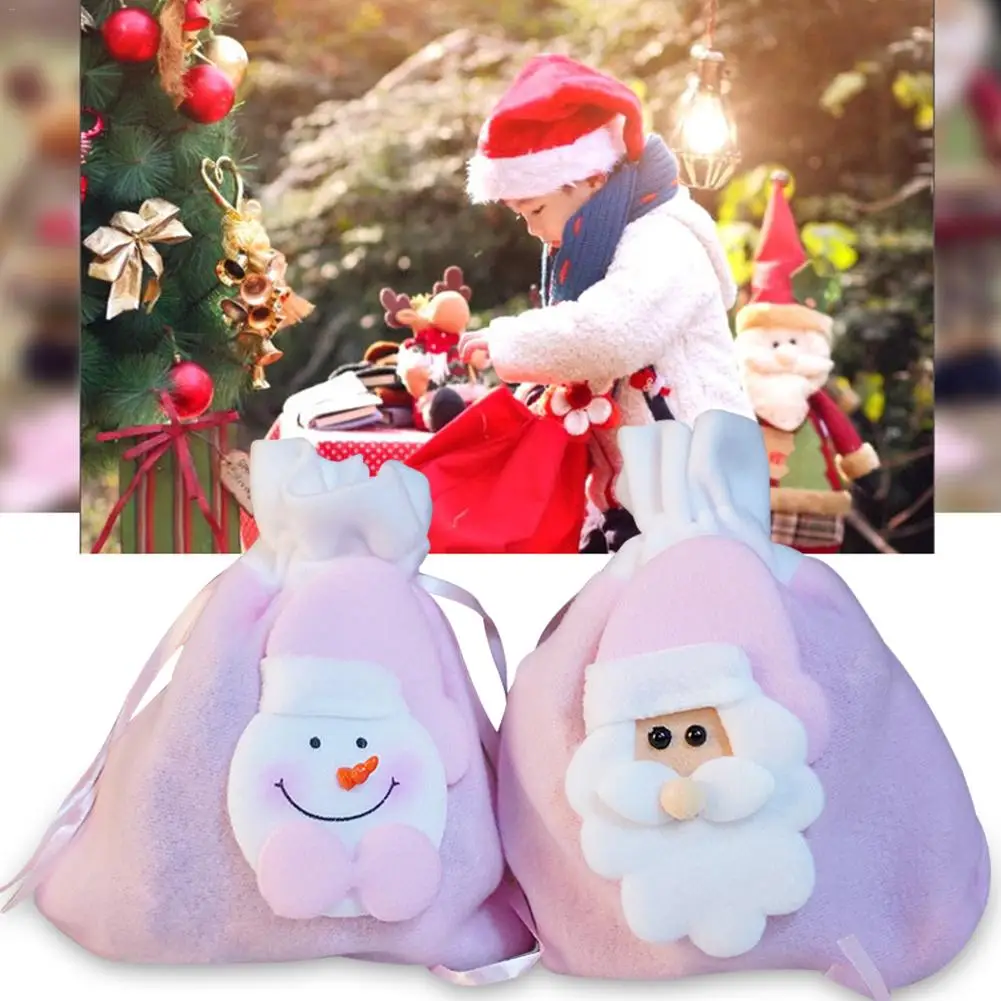 2pcs Christmas Gift Bags Santa Flannel Bags Drawstring Canvas Santa Bag Kids Candy Bag Pouch For Storing Christmas Presents