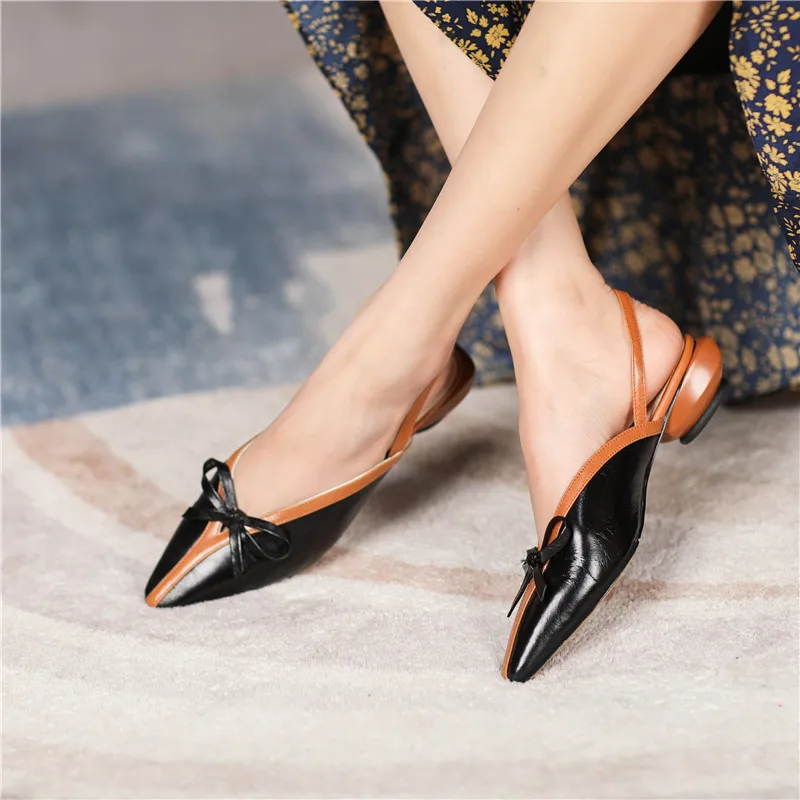 

MoonMeek 2021 Summer Genuine Leather Sandals Thick Heels Pointed Toe Mixed Colors Casual Shoes Fashion Bowknot Ladies Shoes