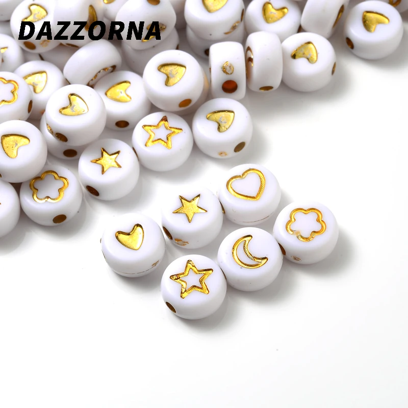 

100Pcs 4x7mm Acrylic Beads White Gold Color Heart-Shaped Pentagram Flat Cube Round Loose Spacer Beads for Jewelry DIY