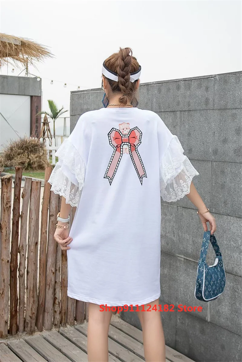 

2021 Summer New Fashion Brand Beaded Sequins Cartoon age-Reducing Short-Sleeved Mid-Length Cotton Round Neck T-Shirt