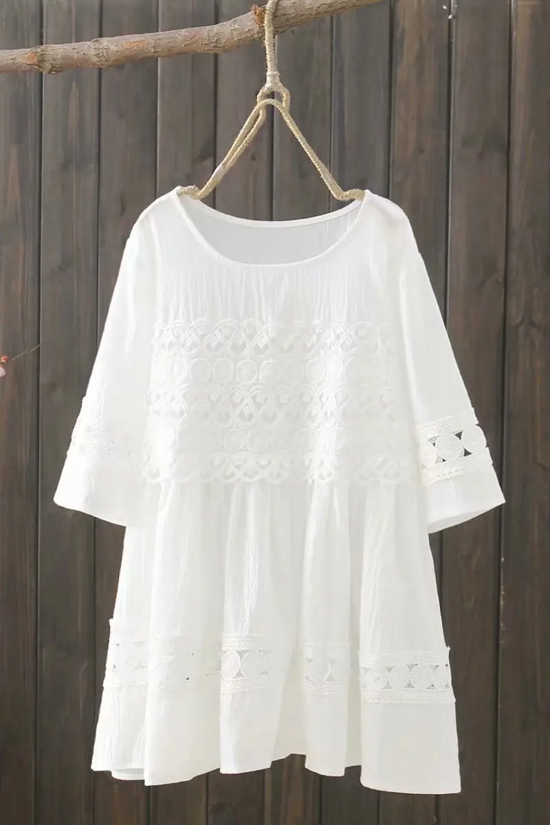 

2021 Summer Medium Length Short Sleeve Cotton O Neck Solid Shirt Women's Hollow Out Patchwork Embroidered Loose Tops