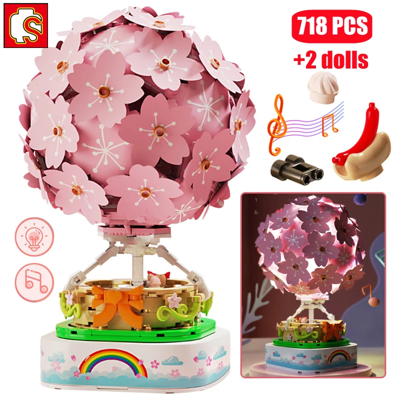 

Креативный шарик SEMBO Sakura с горячим воздухом, вращающаяся музыкальная шкатулка, модель, строительные блоки, идеи с подсветкой, кирпичи для др...