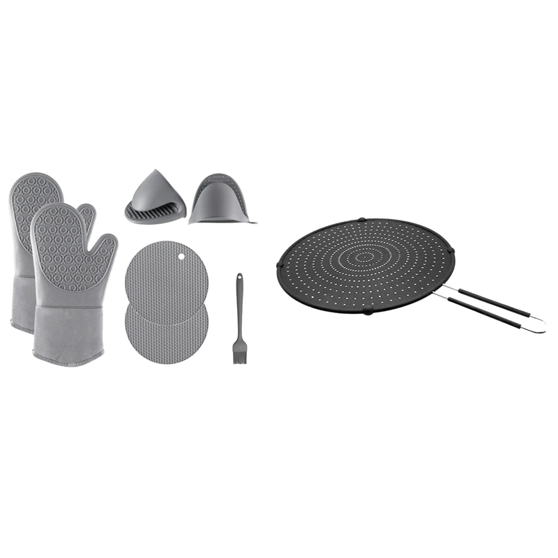 

Oven Mitts Pot Holder And Oil Brush Set- Silicone Oven Mitt With Splatter Screen Guard Nonstick Oil Grease Pan Lid