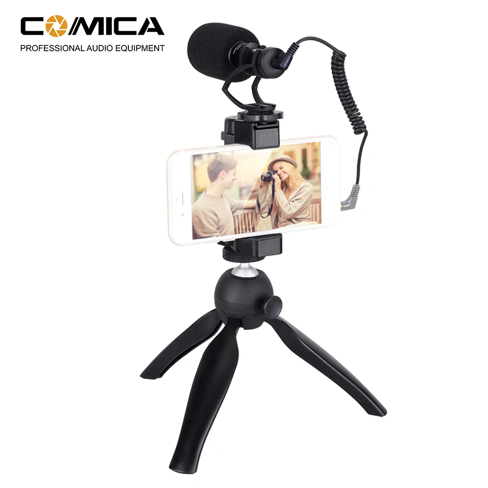 

CoMica CVM-VM10-K2 смартфон видео установка комплект с кардиоидным направленным дробовик видео микрофон держатель телефона мини штатив