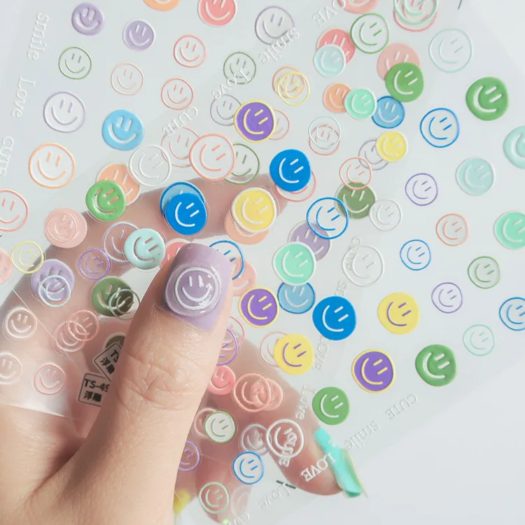 5D Nail Art Decoration Stickers For Smiley Face Colored Flowers Three-dimensional Relief New Craft 3D Nail Decals Design
