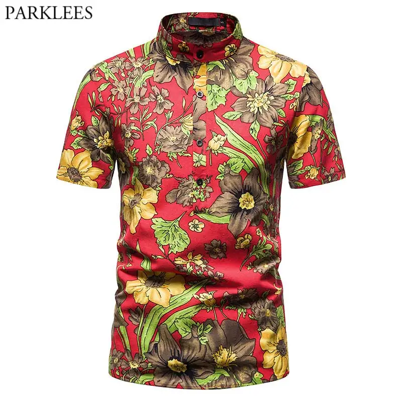 

Stylish Floral Mens Hawaiian Shirts Brand Banded Collar Half Button Beach Shirt Men Holiday Vaction Tropical Aloha Shirt Male