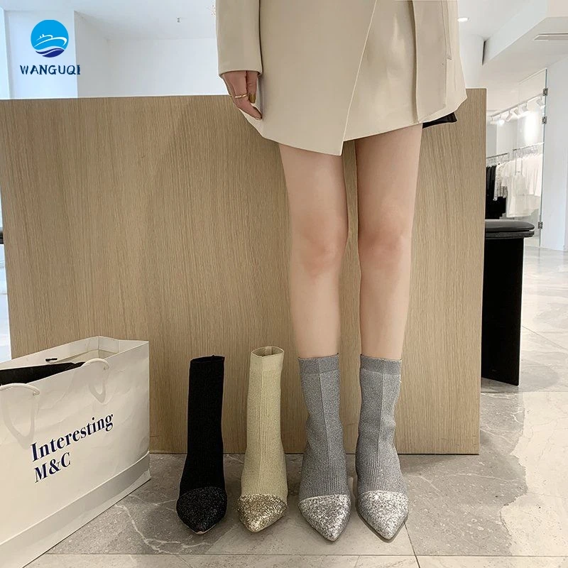 

Pointed high heel women's boots 2021 new autumn and winter sequin knitted elastic socks boots stiletto rhinestone boots