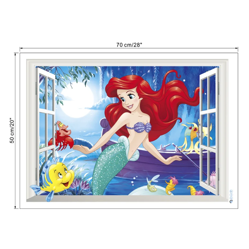 Принцесса-Русалочка Ариэль 3d Наклейка на стену в виде окна для украшения дома