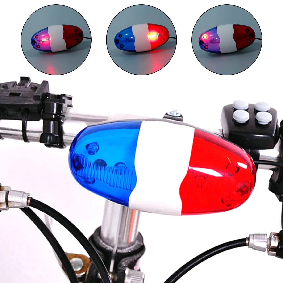 

Bicycle Police Siren Bike LED Light Electric Horn Bell 4 Sounds Melody 6-LED Strobe Safety Light for Mountain Road Bike Bell