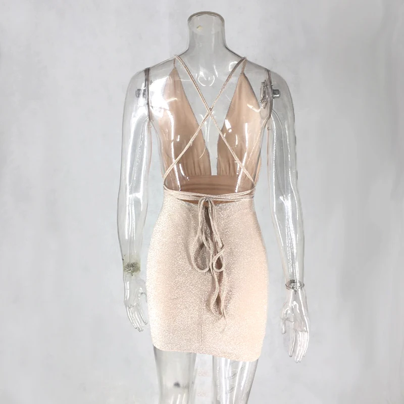 

Deep V Neck Glitter Sexy Dress Cross Lace Up Bodycon Bandage Dress Women Backless Summer Mini Dresses Vestidos 2020