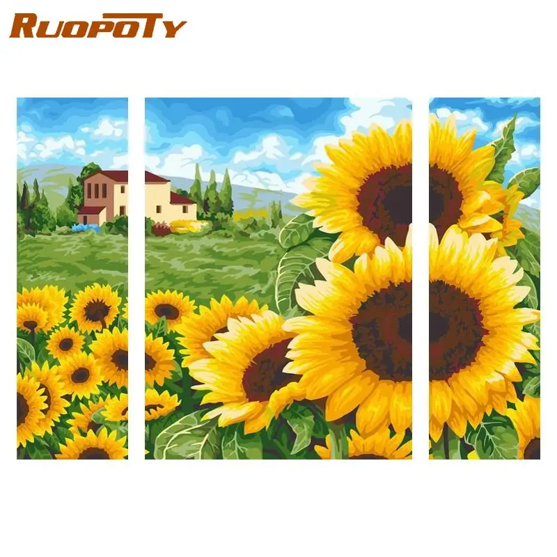 

RUOPOTY 3 шт./компл. DIY Multi Набор для рисования по номерам современные подсолнухи Ручная роспись Акриловая Краска на холсте для домашнего декора