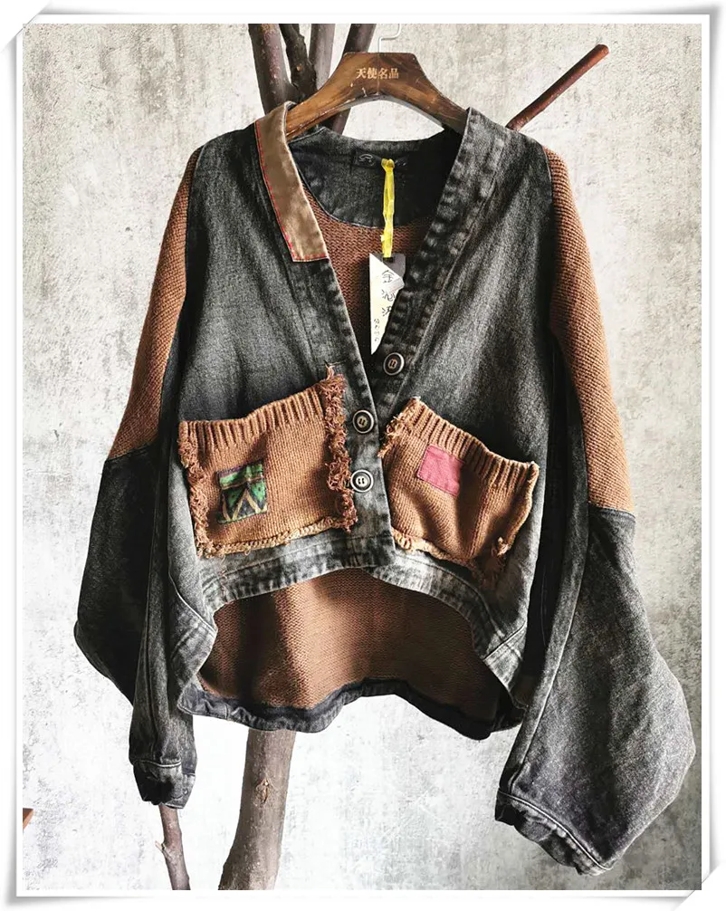 

QING MO Women Denim Coat Knitted Stitching Coat Women V Neck Three Buttoms Jacket Coat Irregular Outwear ZQY5669