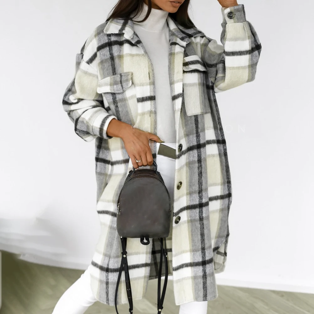 

Новинка 2021, зимняя женская куртка в клетку, пуховик, теплое длинное пальто в клетку, женская уличная одежда из плотной смешанной шерсти