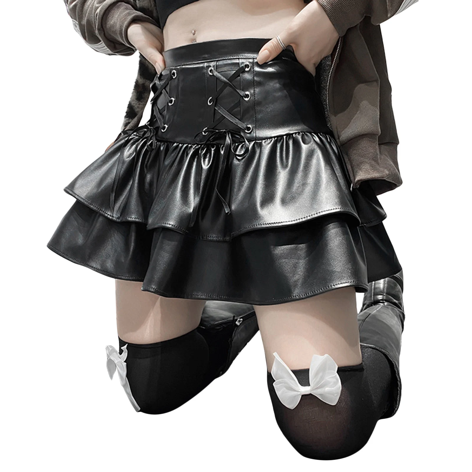 

Goth Punk style Zipper Patchwork Skirts Black PU Leather Mini Skirt Summer Harajuku High Waist Pleated Skirt Women Double Layer
