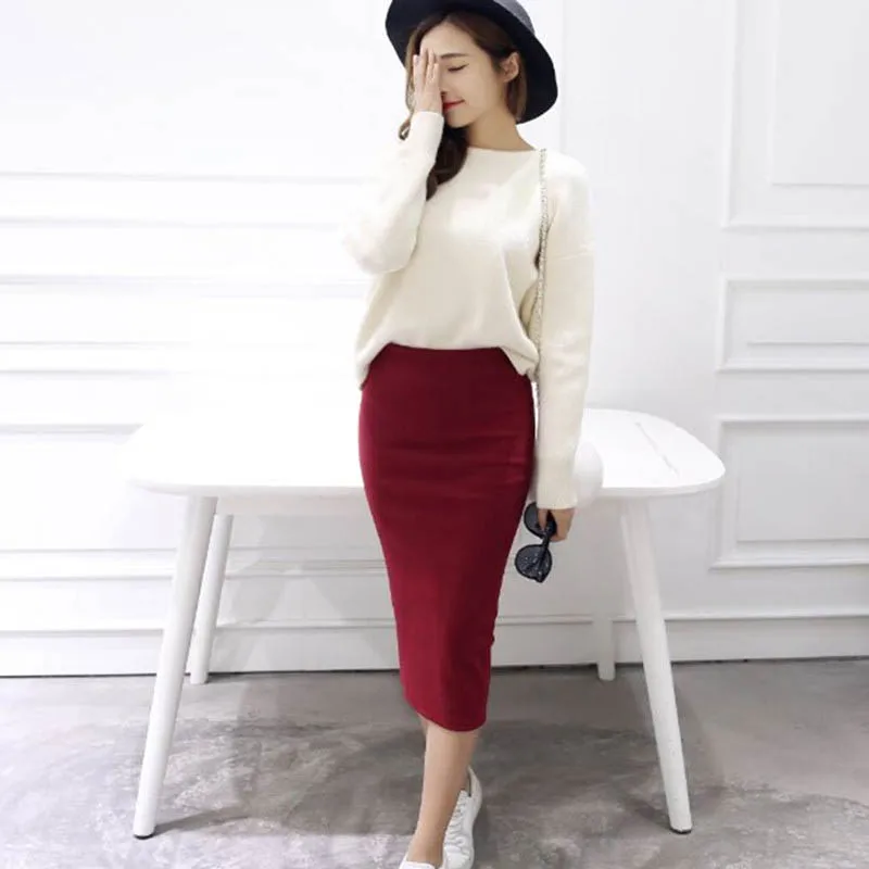 

Autumn Winter Bodycon Skirt Women Stretchable Split Skirt Mid Calf Slim Pencil Skirts For Women Female Knit Skirt