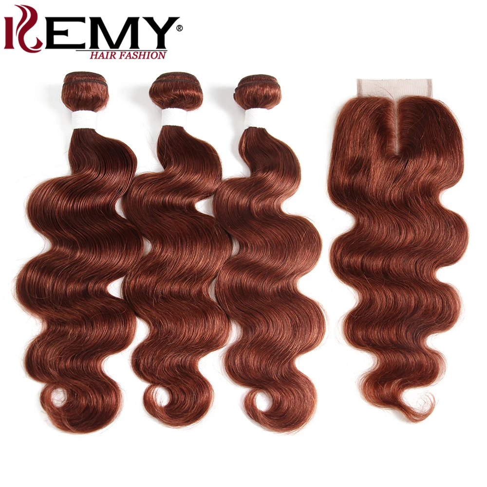 Средний коричневый 4# человеческие волосы пучки с закрытием 4*4 kemy Hair бразильские волнистые человеческие волосы ткет 3 шт не реми волосы - Цвет: 33