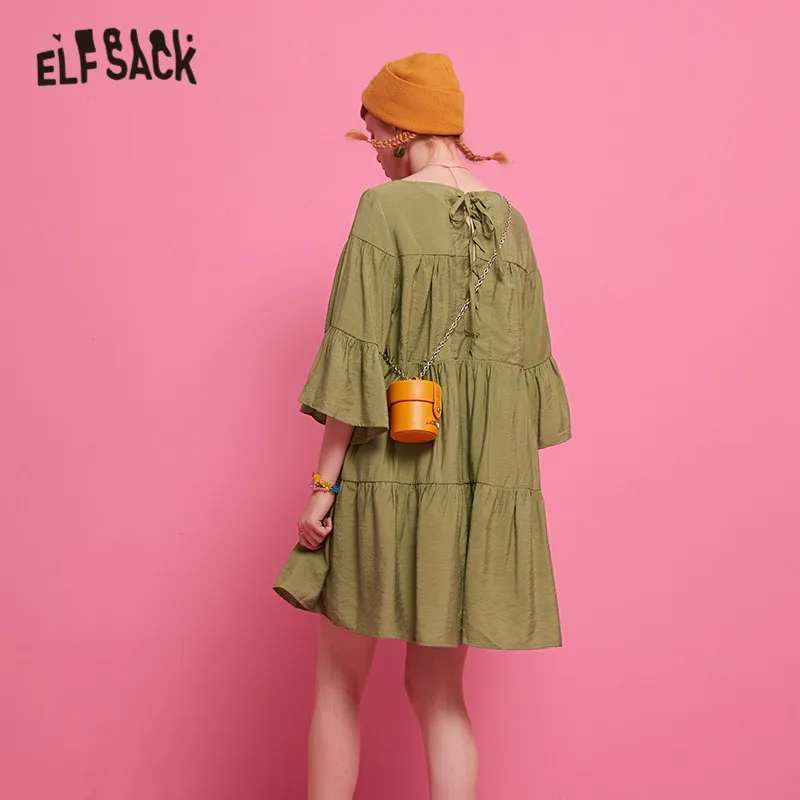 ELFSACK, зеленое однотонное Повседневное платье с оборками для женщин, осень, цвета хаки, с воланами, с рукавами, праздничные женские платья