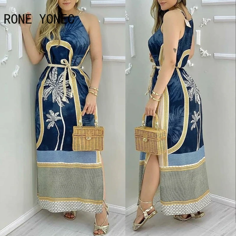 Для женщин тропическим принтом без рукавов высокой щели Макси платье пикантные