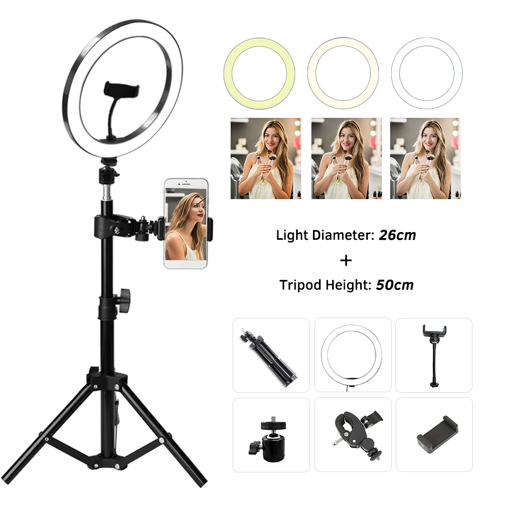 

26cm Fill Light Ring Light LED Light Folding Light for Photography Live Stream Makeup YouTube Video 50cm Tripod Phone Holder