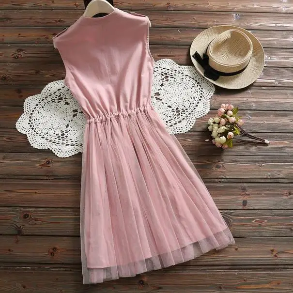 Japanese Mori Girl Summer Women Elegant Sundress Pink Blue Linen String Sleeveless Mesh Dress Kawaii Sweet Tulle AE727 | Женская одежда