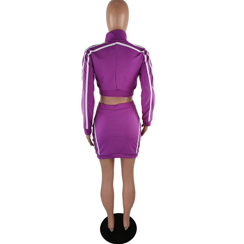 

Zippers Striped Patchwork Two Piece Set Women Stand Collar Long Sleeve Crop Tops+High Waist Mini Skirts 2 Piece Female Tracksuit
