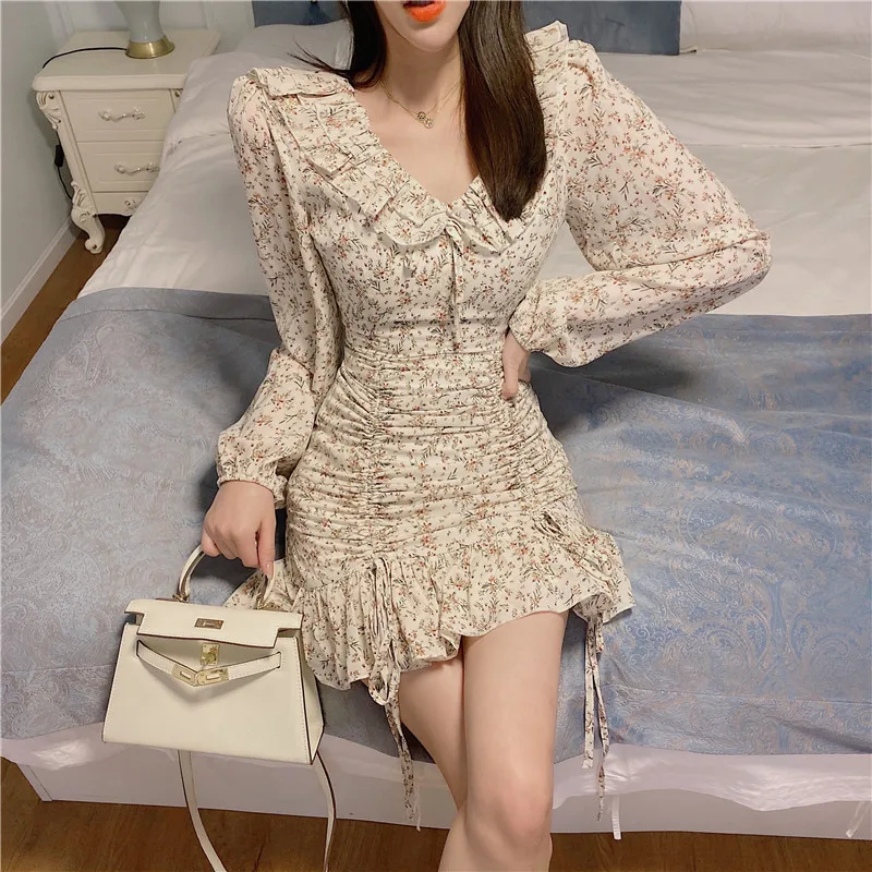 Korean style ruffles print mini-dress woman v-neck designer fashion brand bodycon dresses evening party autumn ladies vestidos | Женская