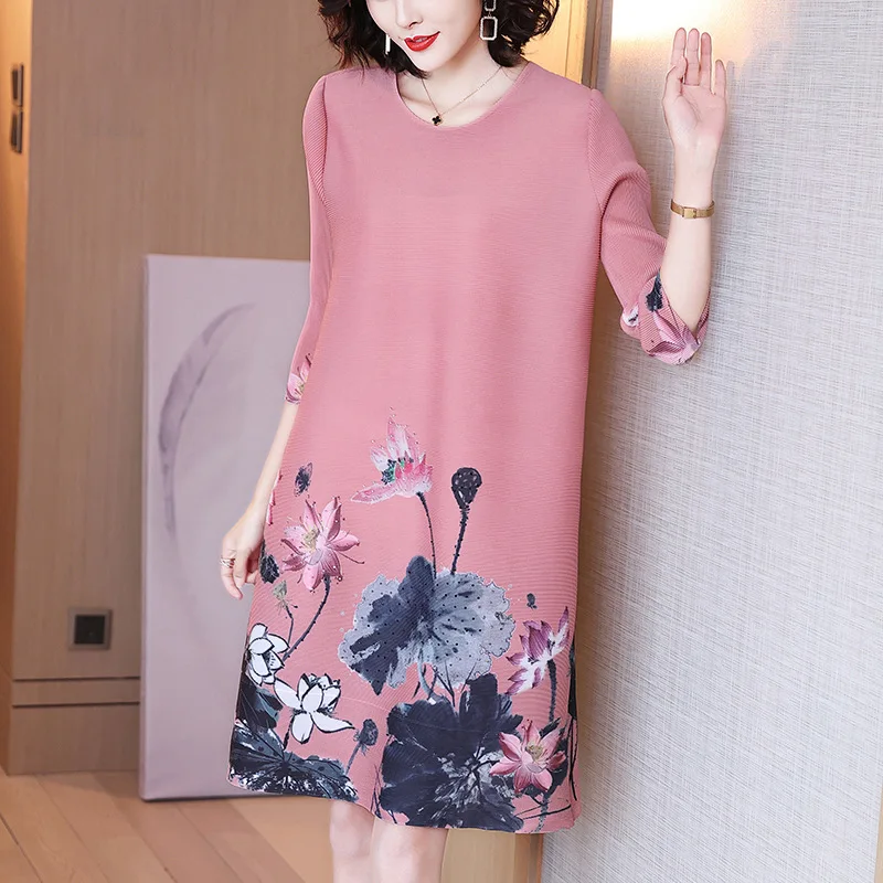 

TVVOVVIN Stylish O-neck Pleated Dress Spring 2021 New Women's Loose Large Size Beading Print Knee-length Dress QHUU